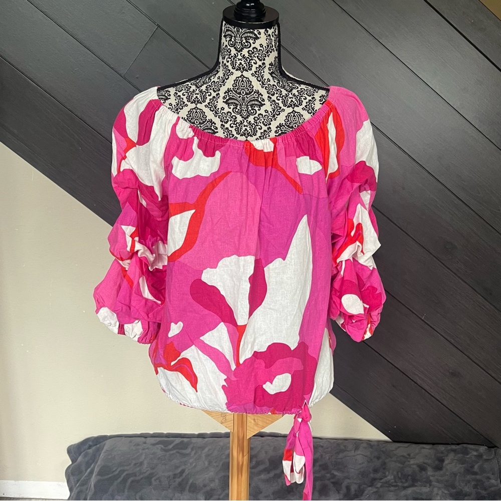 CeCe Floral Pink and White Women's Top-Linen/Rayon NWOT